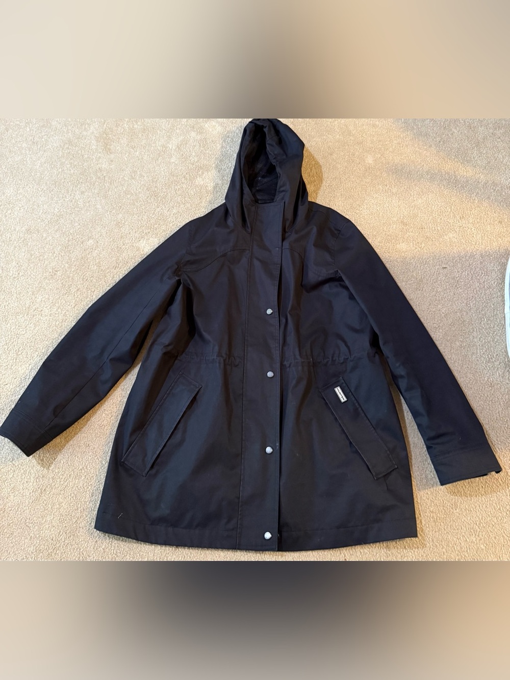 Hunter Black Hooded Rain Jacket Coat Drawstring Waist Size Large
